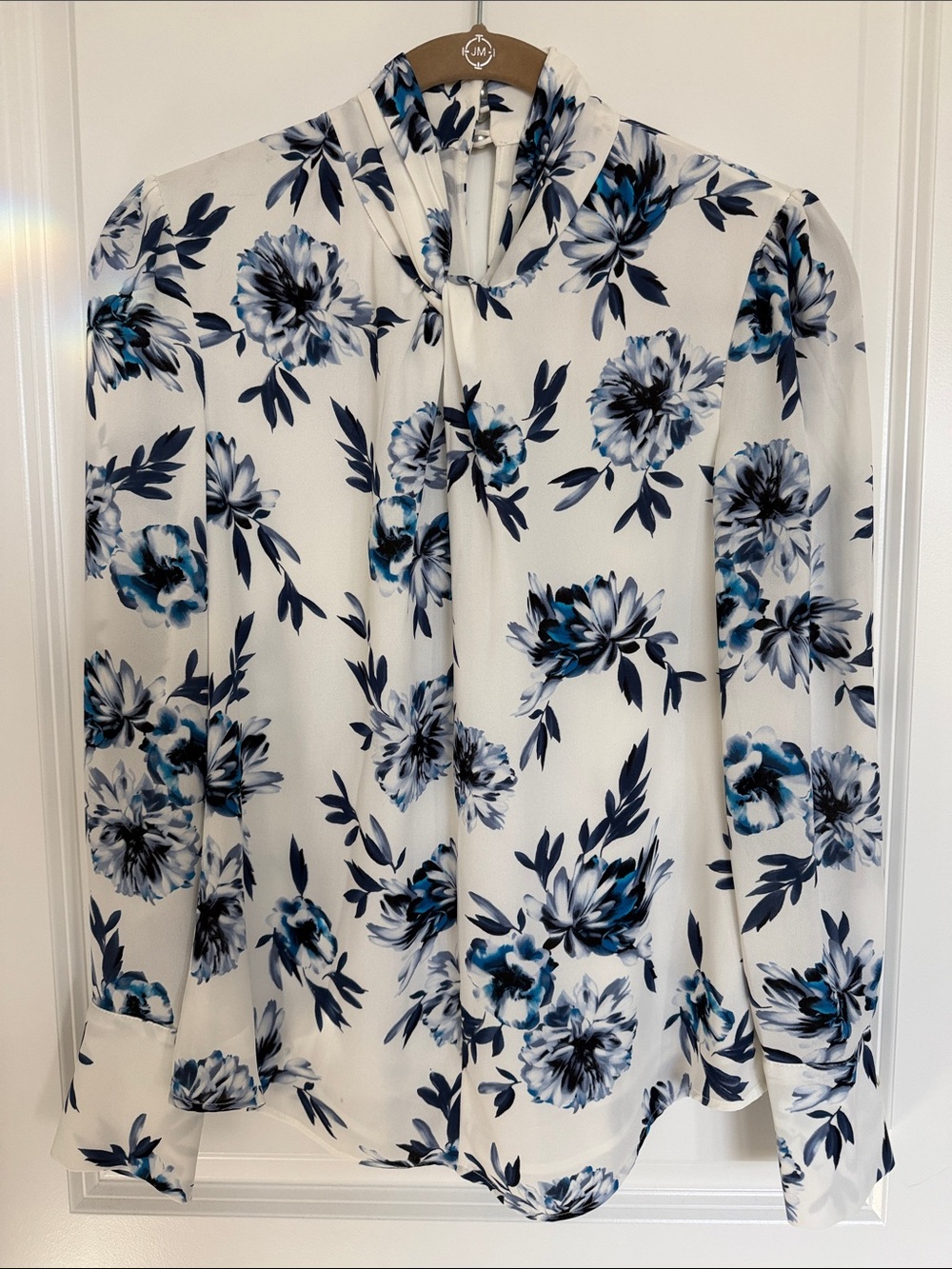 White House Black Market White Blouse with Navy Floral Print